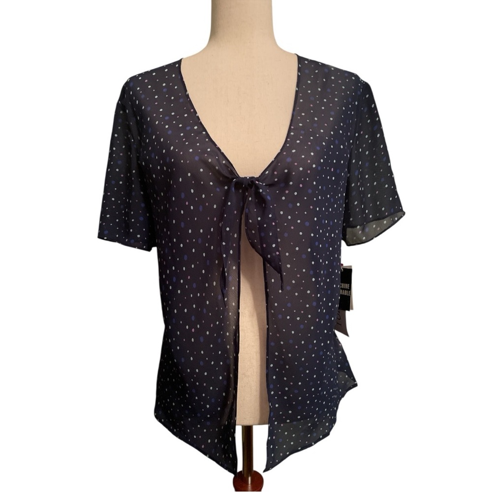 Studio I Navy Polka Dot Jacket, size 12. Front tie bow. Short sleeves.